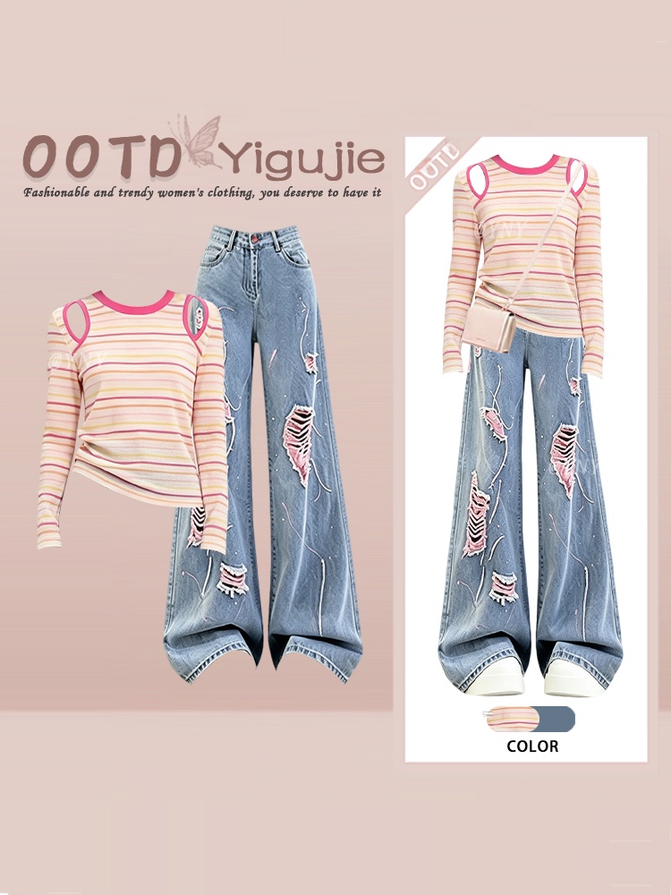 Women Fashion Jeans Top - High Waist Knitted Dopaamine Striped Top