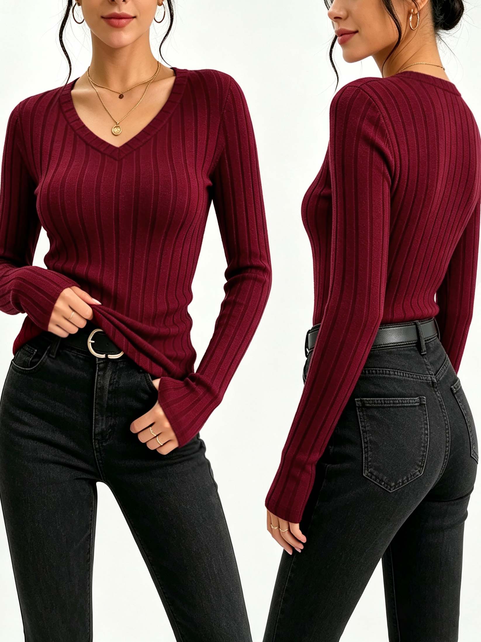 Women Fashion Styles - Women Solid V‑Neck Ribbed Knit Top,