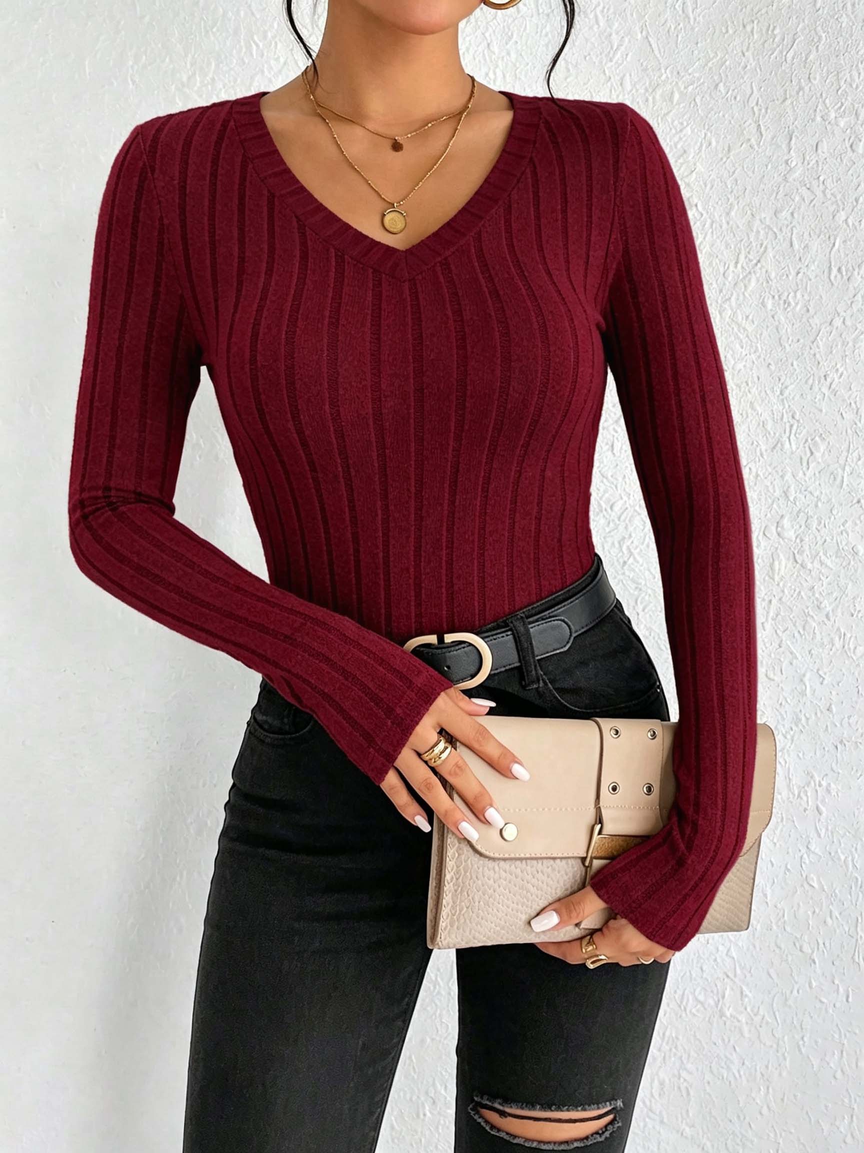 Women Solid V‑Neck Ribbed Knit - đánh giá và giá Women Fashion Styles