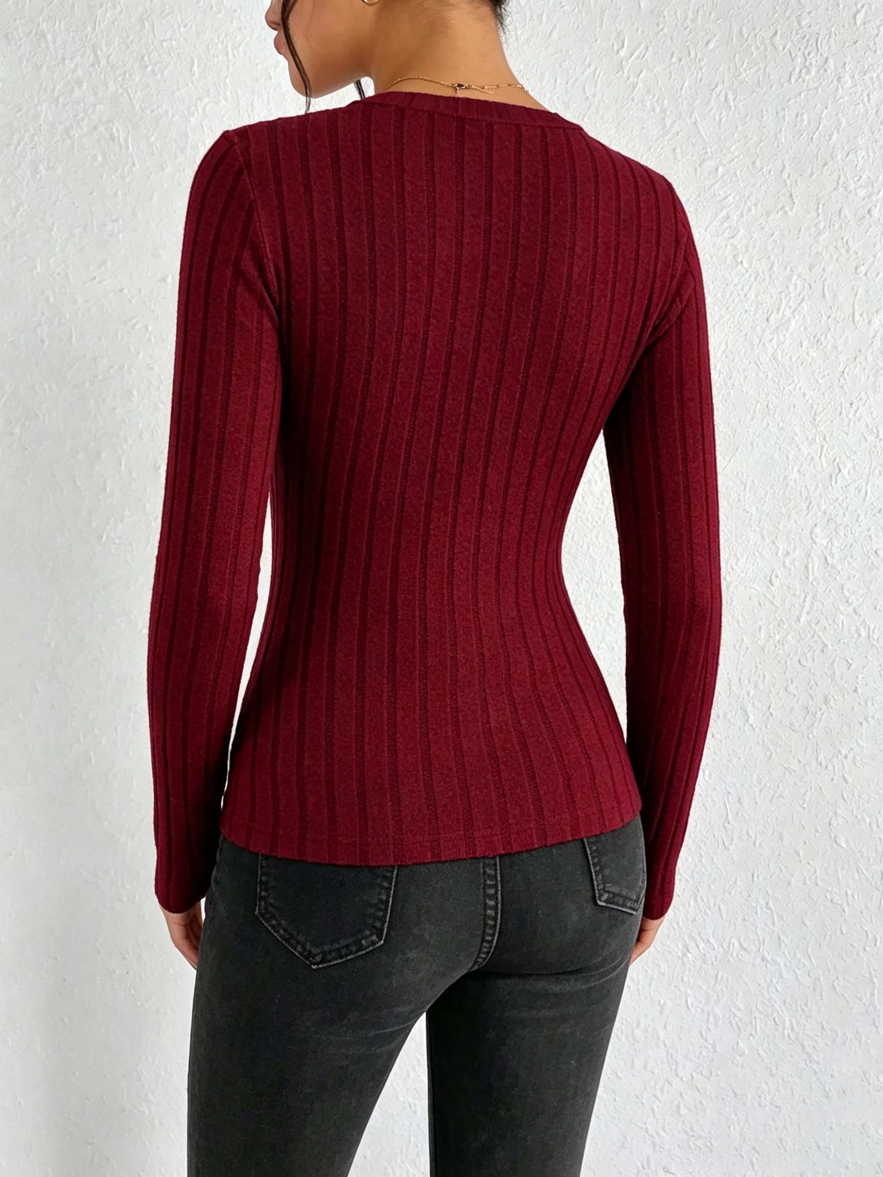 Women Solid V‑Neck Ribbed Knit - đánh giá và giá Women Fashion Styles