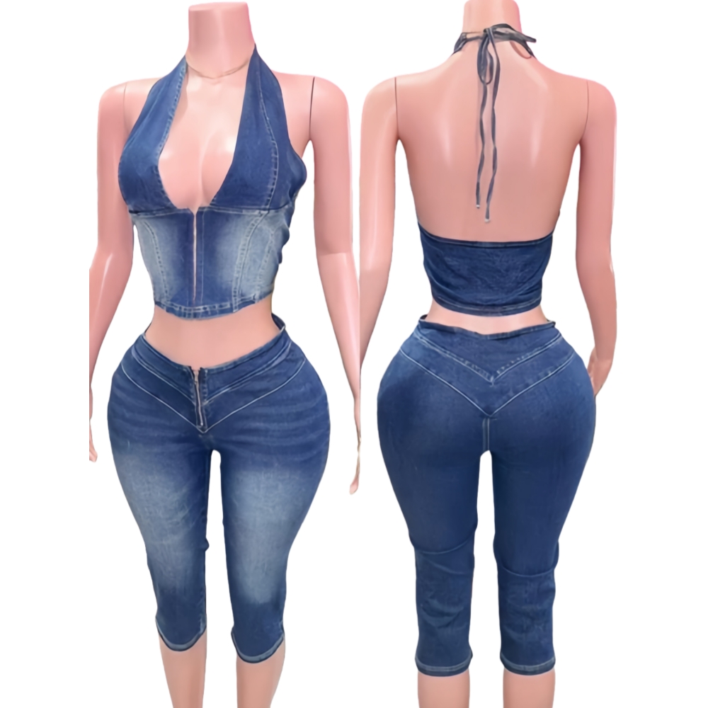 HLJ&GG Blue Fashion Denim Halt - đánh giá và giá Women Fashion Jeans Top